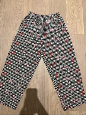 Urban Outfitters Black & White Checked Joggers with Pink and Red Bow Motif